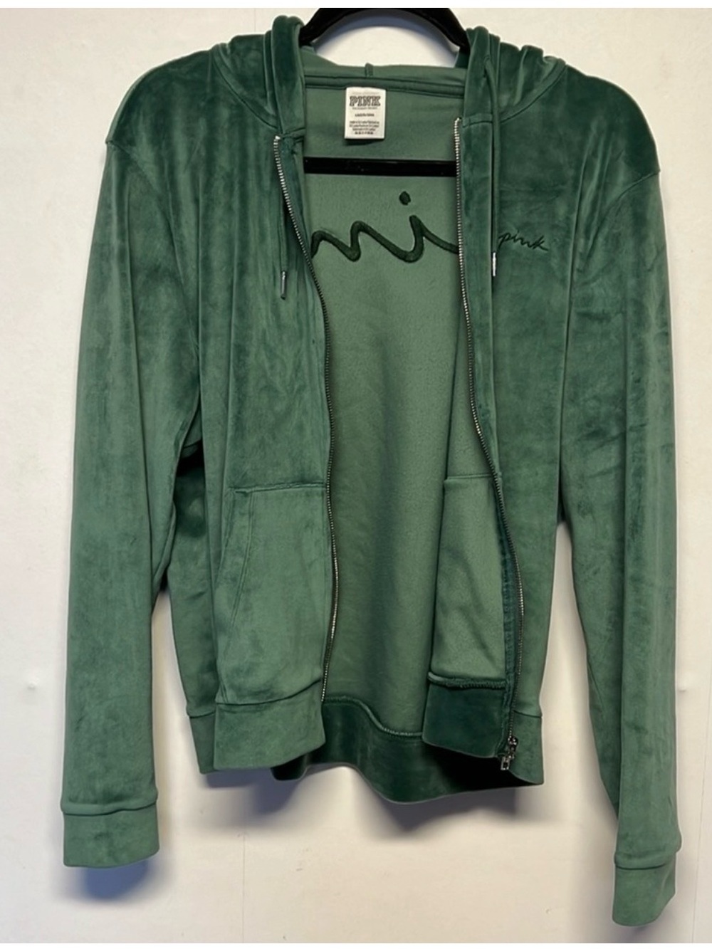 PINK Victoria's Secret Men's Forest Green Velour Zip Hoodie
